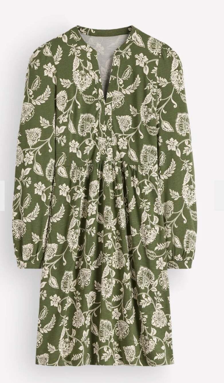 Boden Naomi Relaxed Jersey Dress Womens 10P Green Floral NWT